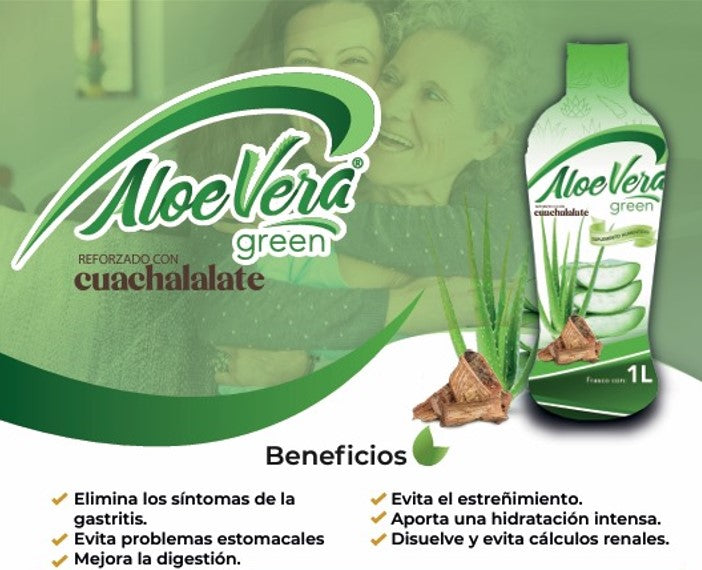 Botella de aloe vera reforzado con cuachalalate de 1 litro, a lado vienen sus beneficios: Mejora las funciones del hígado-Disuelve y evita cálculos renales-Auxiliar en gastritis Ayuda a la digestión-Ayuda en estreñimiento-Limpia la piel-Controla el peso-Mejora la inmunidad Reduce el estrés Mejora la salud del corazón-Desintoxica la sangre