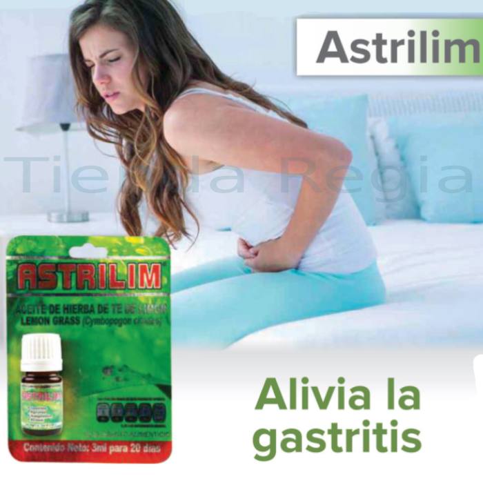 Imagen de una joven sentada en la cama, quejandose de un dolor en su estomago, tambien aparece la imagen de 1 frasquito de 3ml de astrilim y a lado dice: Alivia la gastritis.-TIENDA REGIA