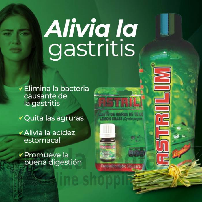 Imagen de una joven tocándose el estómago y la imagen de una botella de 1 litro de astrilim tonico y junto a la botella un frasquito de 3ml de astrilim.texto que dice: Alivia la gastritis: Elimina la bacteria causante de la gastritis, quita las agruras, alivia la acidez estomacal, promueve la buena digestión.