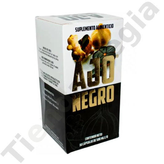 Caja de producto con imagen de Ajo Negro con Jengibre, contenido neto 30 capsulas de 500mg.-TIENDA REGIA