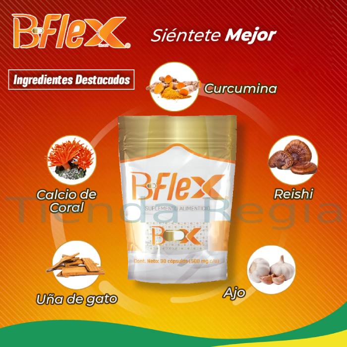 imagen de bolsa de b-flex con 30 capsulas, alrededor estan las imagenes de estos ingredientes: Curcumina, reishi, ajo, uña de gato y calcio de coral.