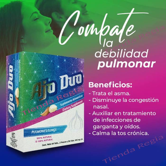 BENEFICIOS DE AJO DUO PULMONES: ASMA, BRONQUITIS, CONGESTION NASAL, TOS, SINUSITIS, INFECCION DE GARGANTA Y DEBILIDAD PULMONAR-DE VENTA EN TIENDA REGIA