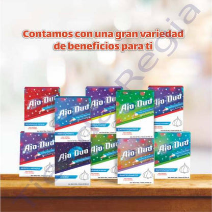 Varias cajas de ajo duo sobre una mesa y arriba de todas dice: Contamos con una gran variedad DE BENEFICIOS PARA TI-DE VENTA EN TIENDA REGIA