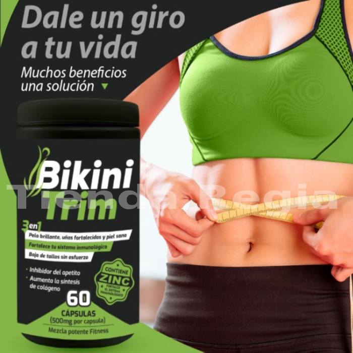 Imagen de bote con 60 cápsulas de bikini trim, para bajar de peso y dice arriba:Bikini trim, dale un giro a tu vida, muchos beneficios una solución.-De venta en Tienda Regia.