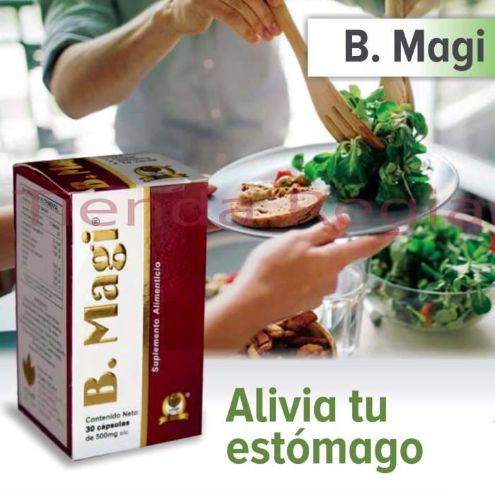 Persona sirviendo comida en un plato y al frente caja de body magi- magi y dice a lado: alivia tu estómago.-De venta en Tienda Regia.