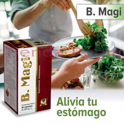 Persona sirviendo comida en un plato y al frente caja de body magi- magi y dice a lado: alivia tu estómago.-De venta en Tienda Regia.