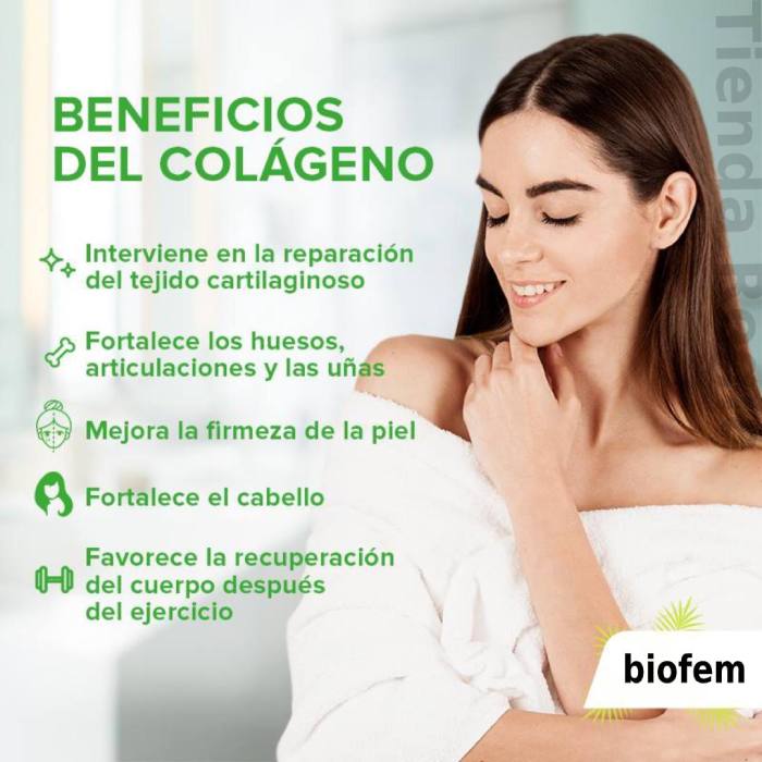 Biofem, beneficios: Repara el tejido cartilaginoso.Es de gran ayuda en casos de caída del cabello,manchas en la piel y desgaste de cartílago.Elimina arrugas al dar firmeza a la piel.Mantiene la fuerza y flexibilidad de los tejidos.Evita las uñas quebradizas. -De venta en Tienda Regia.