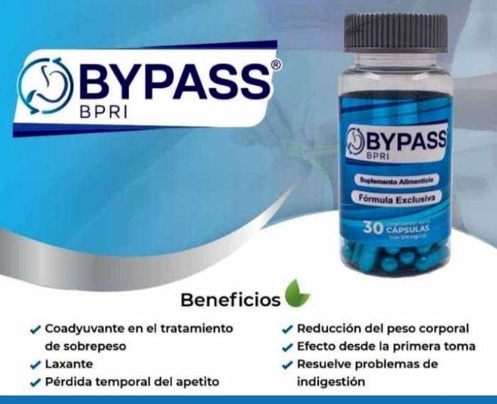 Frasco de Bypass azul y abajo vienen sus beneficios:  Coadyuvante en el tratamiento de sobrepeso. Laxante. Pérdida temporal del apetito.  Reducción del peso corporal. Efecto desde la primera toma.  Resuelve problemas de indigestión.-De venta en Tienda Regia.