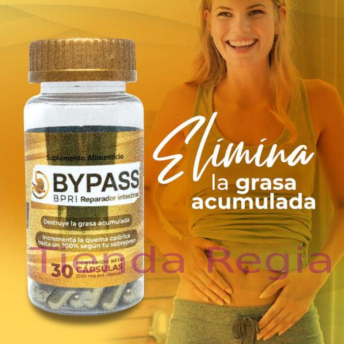 iMAGEN DE MUJER TOCANDO SU ABDOMEN Y JUNTO A ELLA ESTA UN FRASCO DE CÁPSULAS BYPASS Y DICE ELIMINA LA GRASA ACUMULADA.-De venta en Tienda Regia.