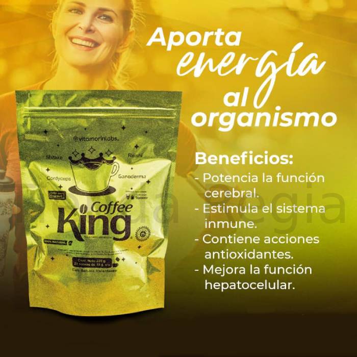 Imagen de bolsa de café coffee king, con ganoderma y shitake, a lado el texto dice: potencia la función cerebral, estimula el sistema inmune, antioxidante, mejora funcion  del higado.-De venta en Tienda Regia.