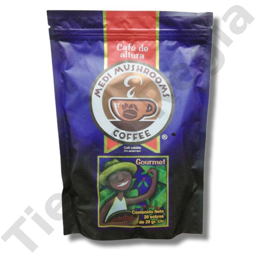 Bolsa de cafe Medi Mushrom, cafe con ganoderma con 22 sobres de 20 gr cada uno. Fortalece el sistema inmune, Combate las Alergias. Ingredientes: Café, Reishi (Ganoderma), Abrojo, Shitake, Maitake