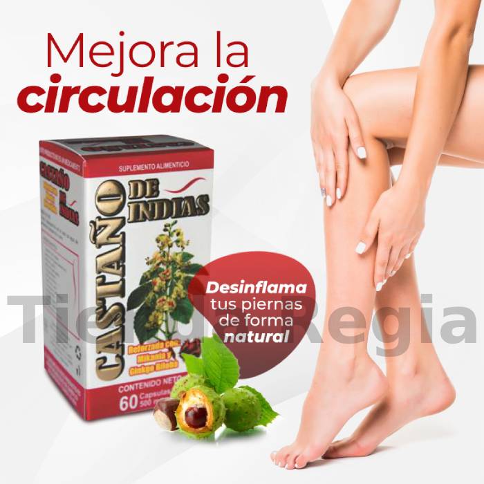 Imagen de caja de castaño de indias, y a lado unas piernas de dama, el texto dice: castaño de indias, mejora la circulación, desinflama tus piernas