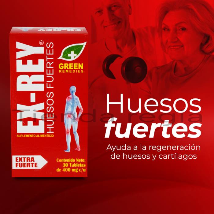 Pareja de adultos mayores haciendo ejercicio y al frente una caja de EX-REY, a lado texto que dice: Huesos fuertes, ayuda a la regeneración de huesos y cartilagos.