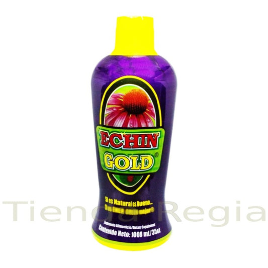 Botella de 1 litro de Echin-Gold-tonico, contiene: equinacea, sirve para: congestión respiratoria, infecciones, antibacterial, tos, sinusitis, gripa, gripe, asma, tuberculosis. -De venta en Tienda Regia.