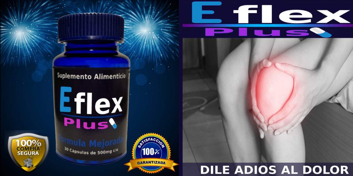 A la izquierda un frasco 30 capsulas de eflex y a la derecha una mujer sentada tocando su rodilla izquierda a causa de dolor. Con eflex plus dile adiós al dolor.