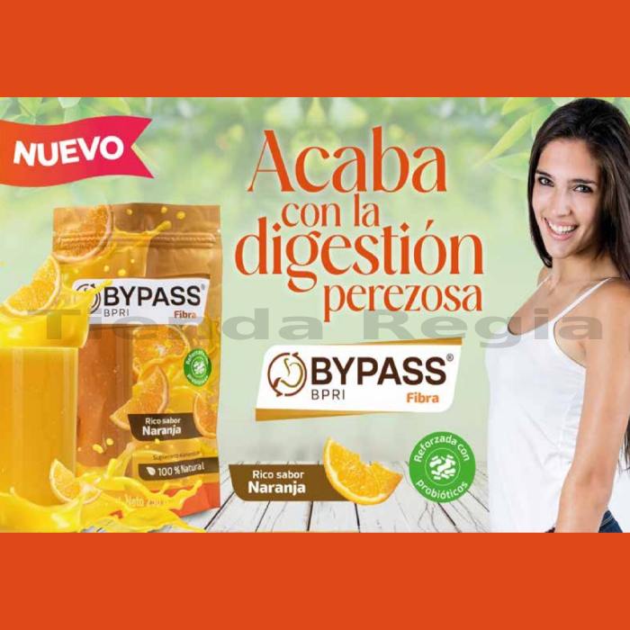 Bolsa de Fibra Bypass sabor naranja, a lado una mujer y dice: ACABA CON LA DIGESTIÓN PEREZOSA-De venta en Tienda Regia.