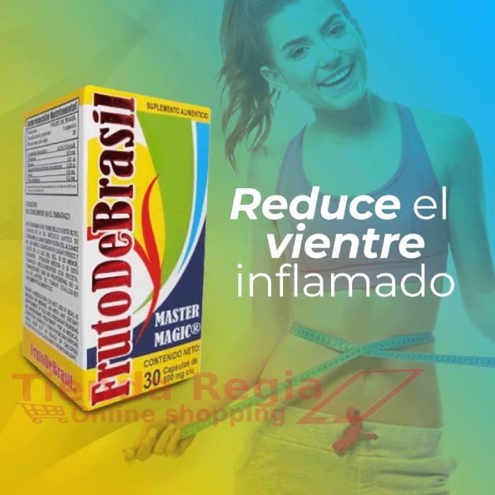 caja de fruto de brasil con 30 cäpaulas. A lado una mujer y el texto que dice: reduce el vientre inflamado.-De venta en Tienda Regia