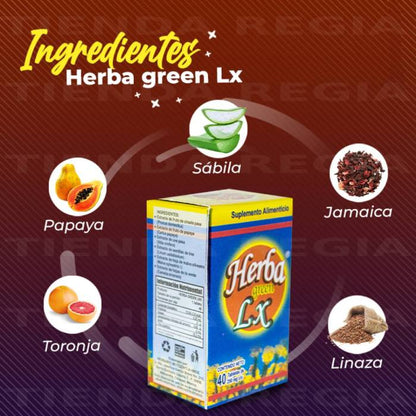 cajita de herba green lax, alrededor de ella vienen los ingredientes: sabila, jamaica, linaza, toronja y papaya-De venta en Tienda Regia