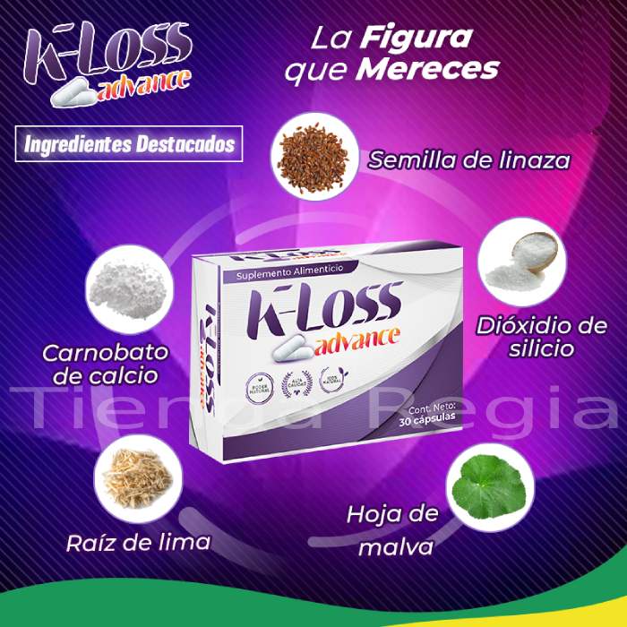 CAJA DE K-LOSS ADVANCE Y ALREDEDOR VIENEN LA IMAGEN DE SUS INGREDIENTES: SEMILLA DE LINAZA, DIÓXIDO DE SILICIO, HOJA DE MALVA, RAÍZ DE LIMA Y CARBONATO DE CALCIO.-De venta en Tienda Regia