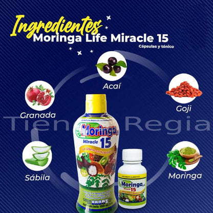 botella de 1 litro de MORINGA LIFE MIRACLE TONICO y a lado bote de capsulas, con sus ingredientes alrededor: Acai, goji, moringa, sabila y granada-De venta en Tienda Regia.