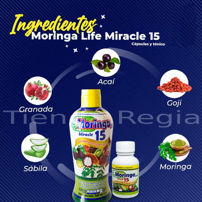 imagen de botella de 1 litro de MORINGA LIFE MIRACLE TONICO y a lado bote de capsulas, con sus ingredientes alrededor: Acai, goji, moringa, sabila y granada.-De venta en Tienda Regia