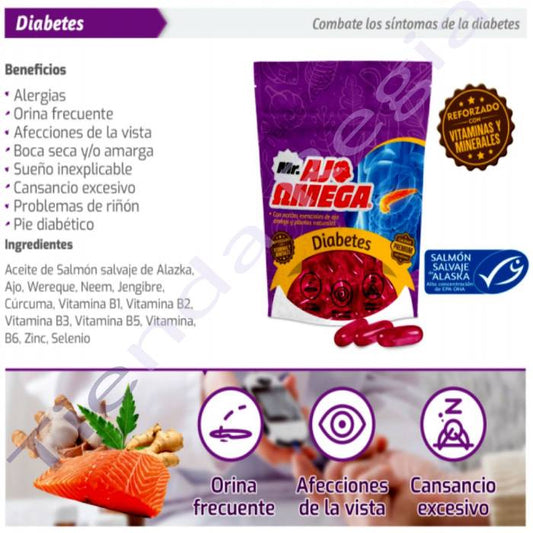 INGREDIENTES  DEL MR AJO OMEGA DIABETES Aceite de salmón salvaje de Alaska, Ajo, Extracto de wereke, Neem, Jengibre, Cúrcuma, Vitamina B1, B2, B3, B5, B6, Zinc, Selenio.