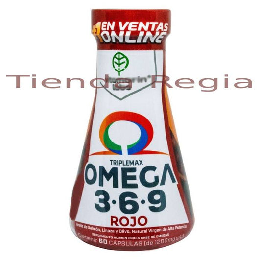 Frasco matraz de omega 3-6-9 rojo con 60 cápsulas-De venta en Tienda Regia