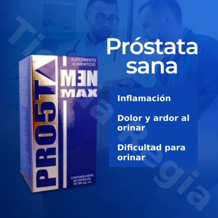 caja de prostamen max y a lado dice: prostata sana, inflamación, dolor y ardor al orinar y dificultad para orinar.