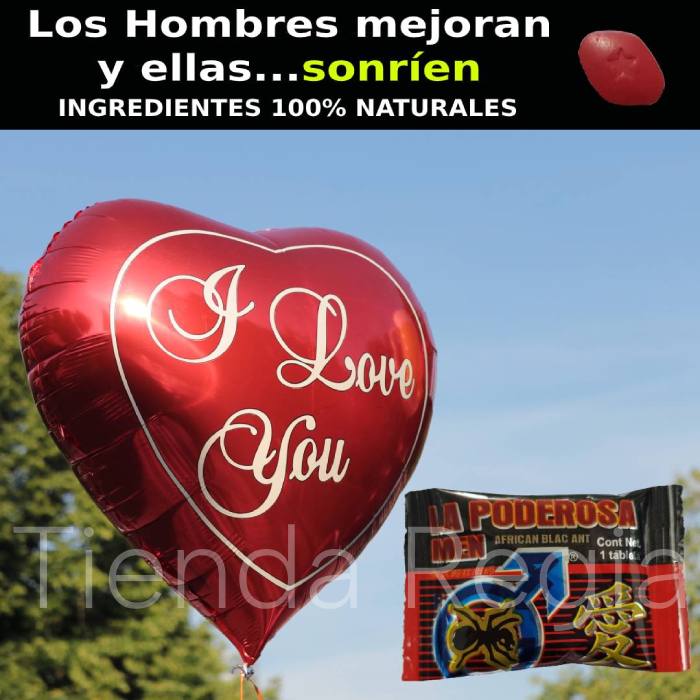 imagen de pastilla la poderos men color roja, tamaño de una viagra o cialis, a lado un globo rojo en forma de corazón con el texto i love you.