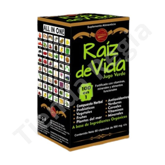 frasco con 60 capsulas de raiz de vida cápsulas.