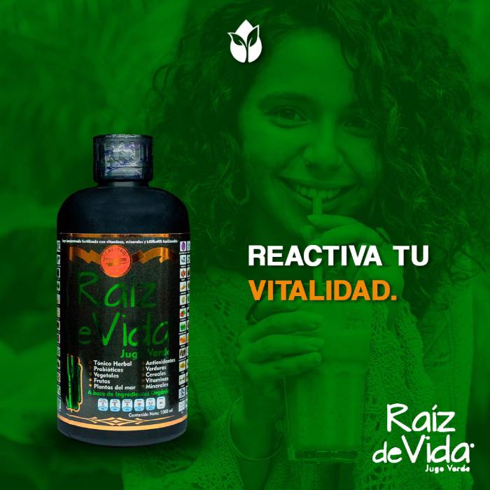 Bote de Raiz de Vida Jugo Verde, a lado frase que dice: Reactiva tu Vitalidad-De venta en Tienda Regia