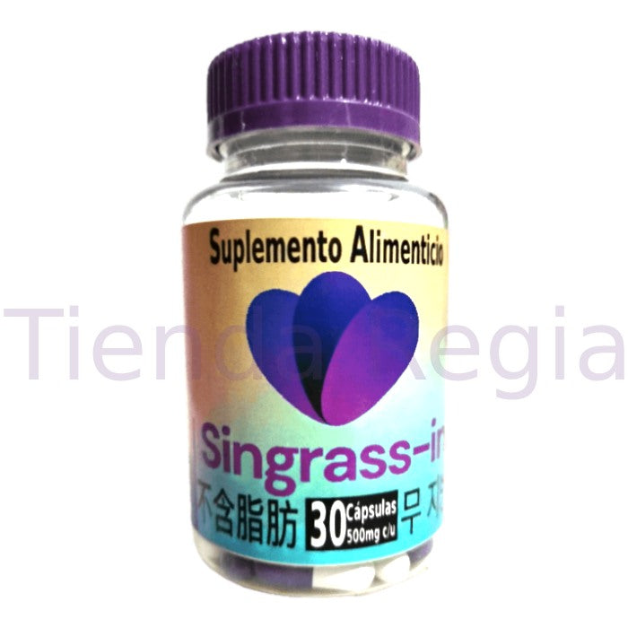 Bote de Singrasin con 30 cápsulas de 500mg cada una, Beneficios: Reduce la grasa abdominal. Acelera el metabolismo. Tonifica el cuerpo. Supresor del apetito. Reduce el estreñimiento. Ayuda a disminuir el cansancio o la fatiga. Ayuda a disminuir la glucosa en sangre. Normaliza el tránsito intestinal-DE VENTA EN TIENDA REGIA