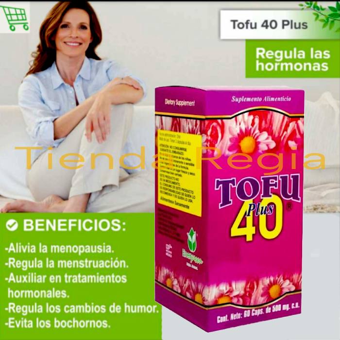 Mujer sentada viendo una caja de tofu 40 plus, a lado vienen los beneficios: CLIMATERIO, MENOPAUSIA, MENSTRUACIÓN ABUNDANTE.-DE VENTA EN TIENDA REGIA