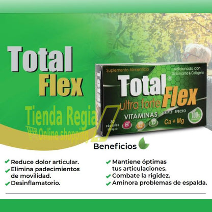 caja de total flex y debajo vienen sus beneficios: reduce dolor articular, elimina padecimientos de movilidad, desinflamatorio, mantiene óptimas tus articulaciones, combate la rigidez y aminora problemas de espalda.-DE VENTA EN TIENDA REGIA