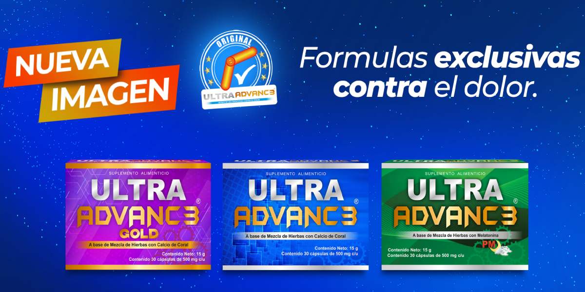 Arriba el texto que dice: Nueva imagen Formulas exclusivas contra el dolor, abajo tres cajas de capsulas ultra advance, la morada, azul y verde.