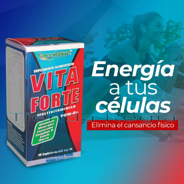 Mujer joven haciendo ejercicio, al frente caja de vita forte y a lado dice Energía a tus células, elimina el cansancio físico-DE VENTA EN TIENDA REGIA