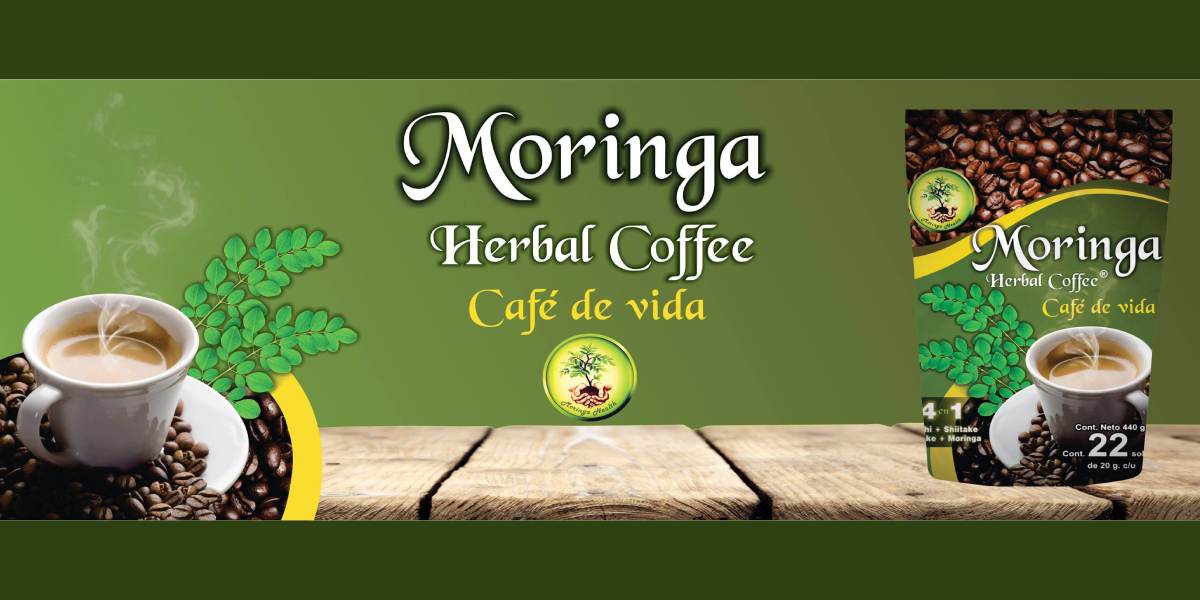 Banner aparece una Taza con café y a lado una bolsa de café Moringa.