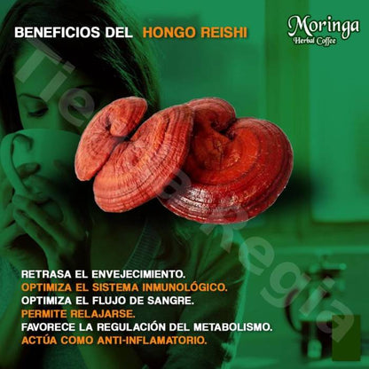 Imagen de una mujer tomando cafe y al frente un hongo reishi o ganoderma-De venta en Tienda Regia.