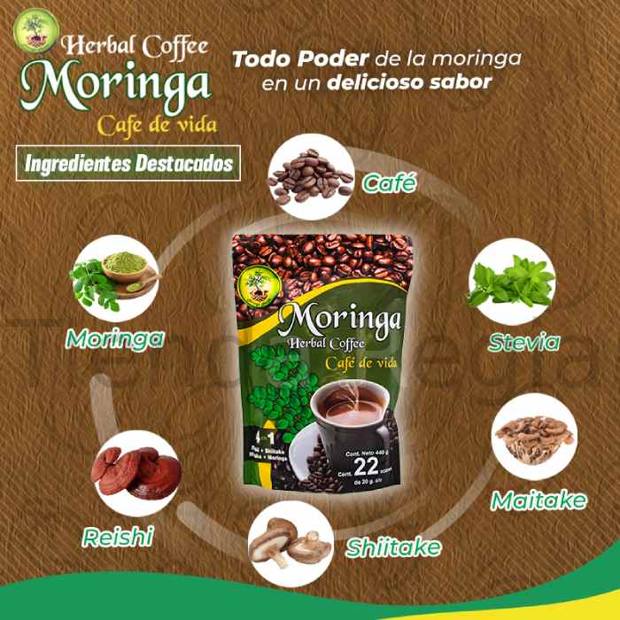 Bolsa de Cafe Moringa con 22 sobres, aldrededor la imagen de sus ingredientes destacados, como moringa, ganoderma, maitake y shitake-De venta en Tienda Regia.