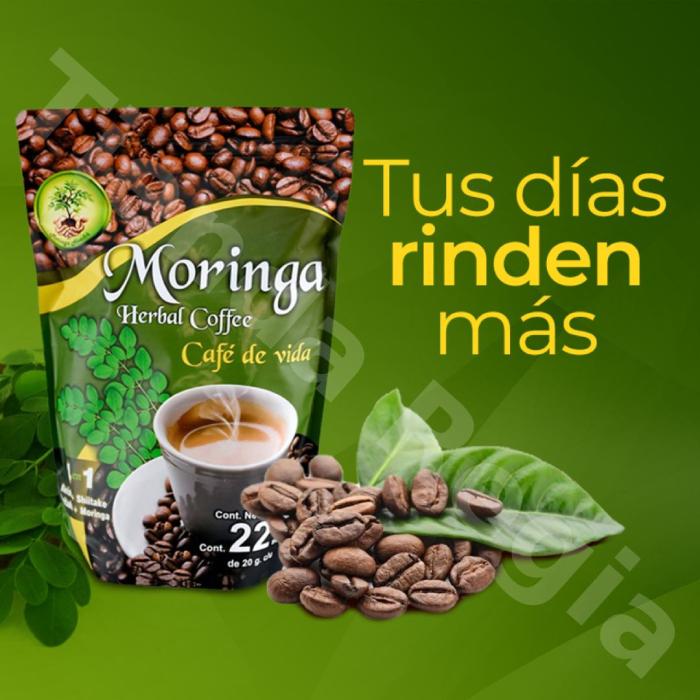 Bolsa de café Moringa,  a lado una frase que dice: Tus Días Rinden Mas