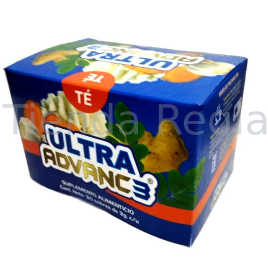 Caja de Te Ultra Advance con 30 sobres de 3gr cada uno. Potente acción analgésica y antiinflamatoria. Termina con los dolores musculares y articulares. Mejora los procesos de reparación del músculo. Alivia los calambres.