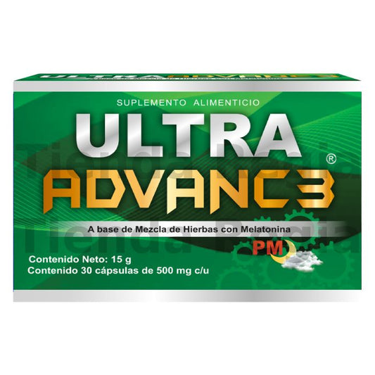 Caja de capsulas Ultra Advance PM, Pastillas para dolor y dormir. La solución perfecta para tu sueño. Alivia el dolor muscular, de articulaciones, de espalda, de huesos, ciática, gota, etc. Duerme más rápido y prolonga el tiempo de sueño.